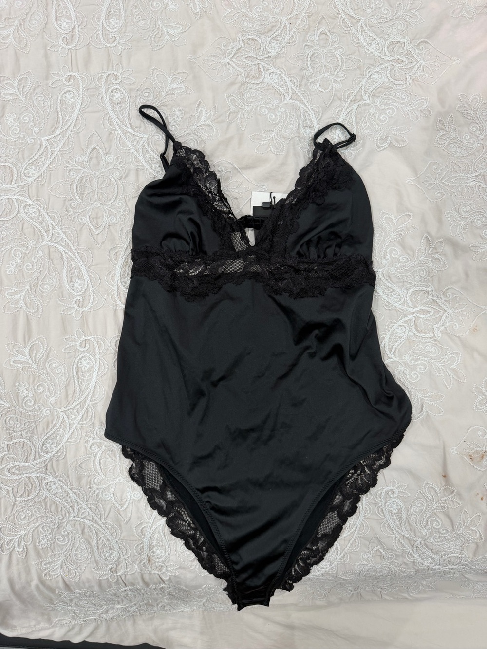 Zara Black Lace-Trim Satin Bodysuit